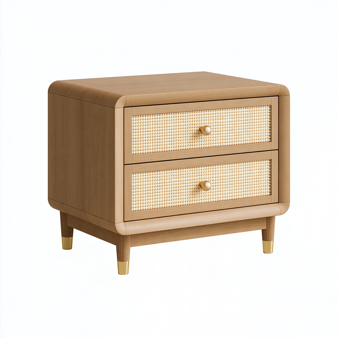 Table de chevet 50 x 40 x 55 cm en bois naturel et cannage avec 2 tiroirs style rétro