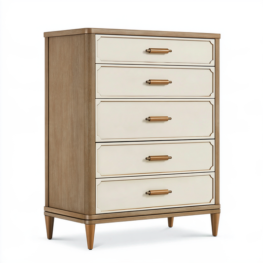 Commode 80 x 42 x 110 cm en bois beige et crème à 5 tiroirs style contemporain