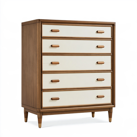 Commode 90 x 45 x 125 cm en bois marron et blanc à 5 tiroirs style rétro