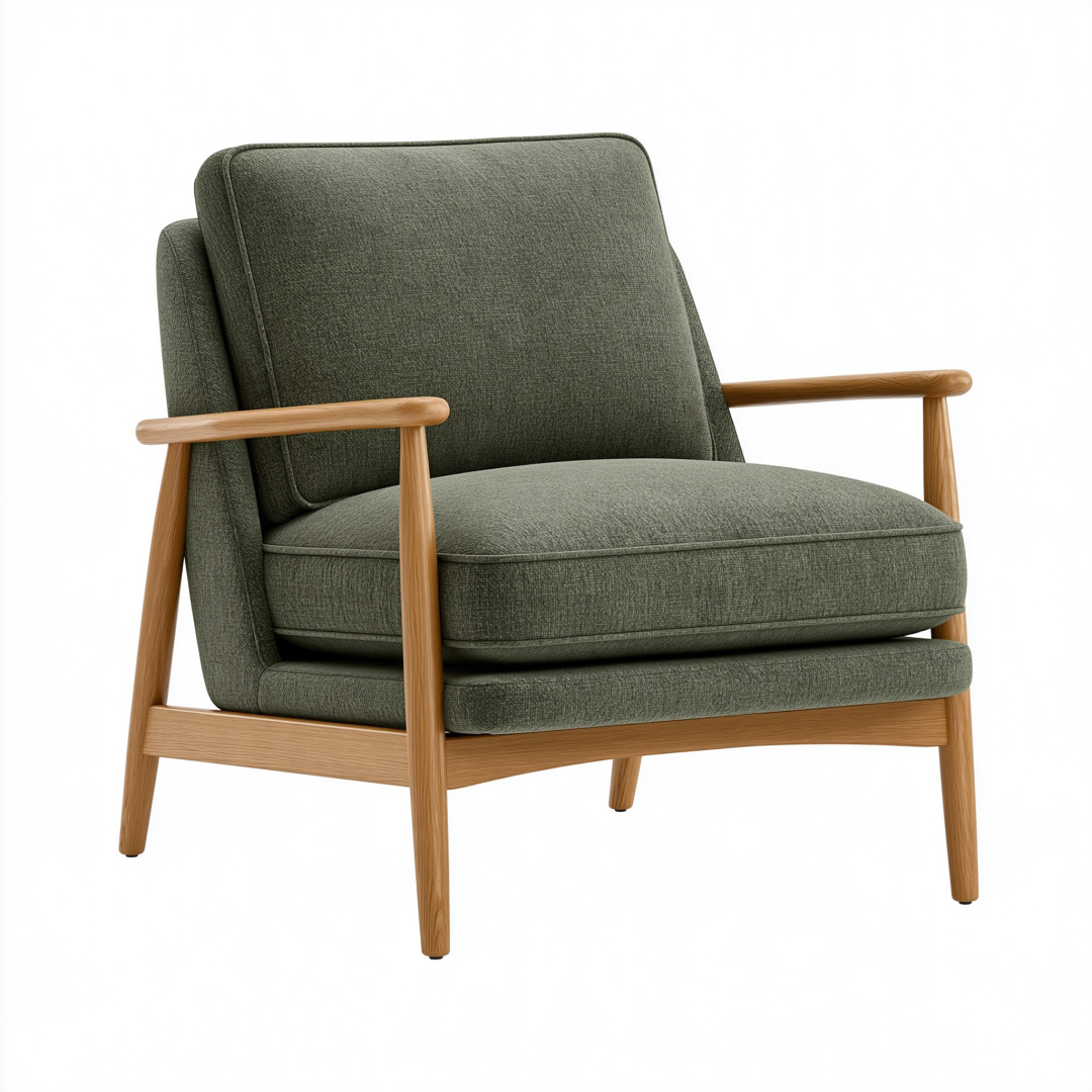 Fauteuil 76 x 82 x 88 cm en tissu vert olive et bois naturel style scandinave