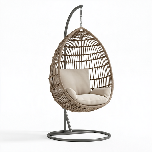 Fauteuil suspendu 110 x 110 x 195 cm en résine tressée beige avec support métallique pour intérieur et extérieur couvert
