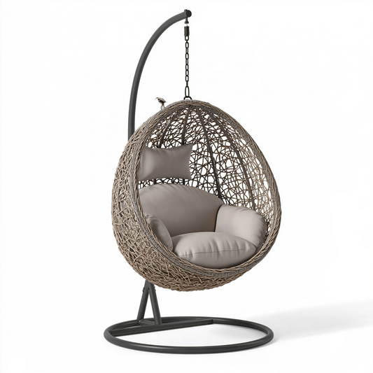 Fauteuil suspendu sur pied 105 x 105 x 195 cm en métal et fibres tressées beige style bohème pour jardin